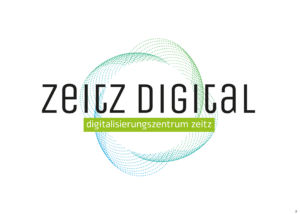 Logo des Projekts Digitalisierungszentrum Zeitz, in großer schwarzer Schrift: Zeitz digital und darunter in kleinerer weißer Schrift auf grünem Hintergrund: digitalisierungszentrum zeitz