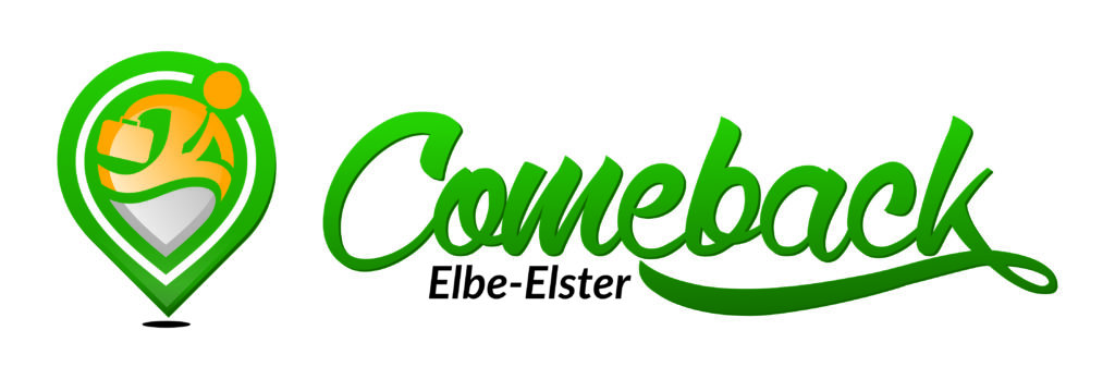 Logo des Projekts Comeback Elbe-Elster, welches eine Person mit Koffer zeigt, daneben ist der Name des Projekts zu lesen.