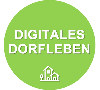 Logo des Projekts Digitales Dorfleben, das einen grünen Kreis zeigt. In diesem Kreis steht in weißer Schrift der Name des Projekts. Darunter sind ebenfalls in weiß zwei Häuser abgebildet.