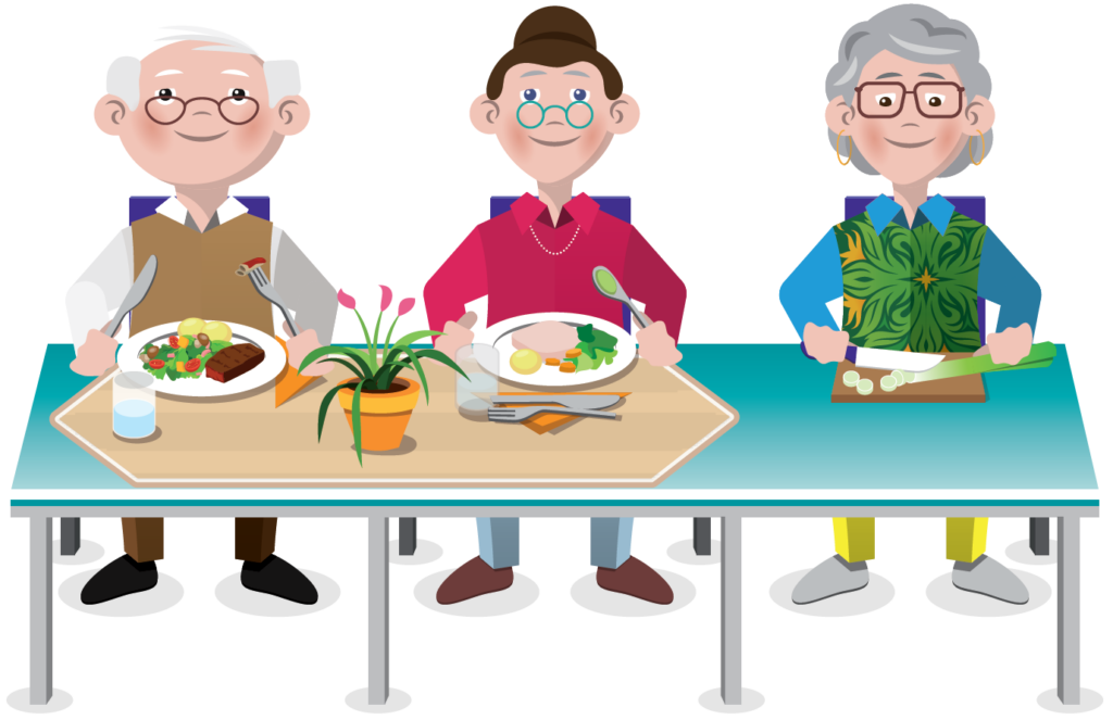 Logo des Projekts Nachbarschaftstische vom Amt Hüttener Berge, das drei ältere Menschen an einem Tisch zeigt. Zwei davon essen etwas und eine Person schneidet Gemüse.